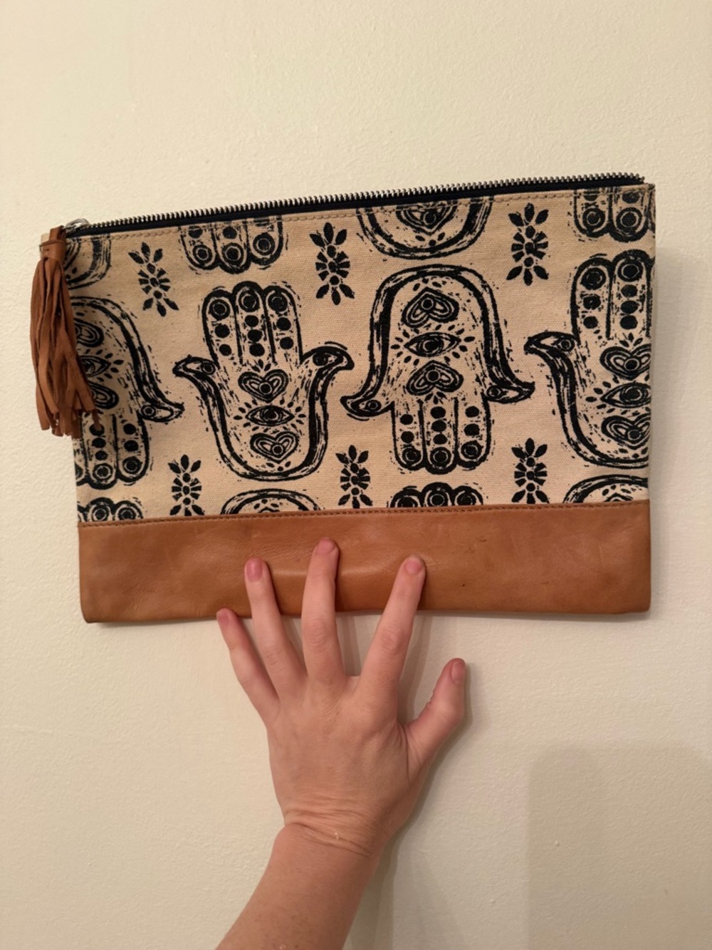 Hamsa Print Canvas Clutch with Tan Faux Leather Trim